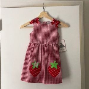 Red and white gingham dress with strawberries